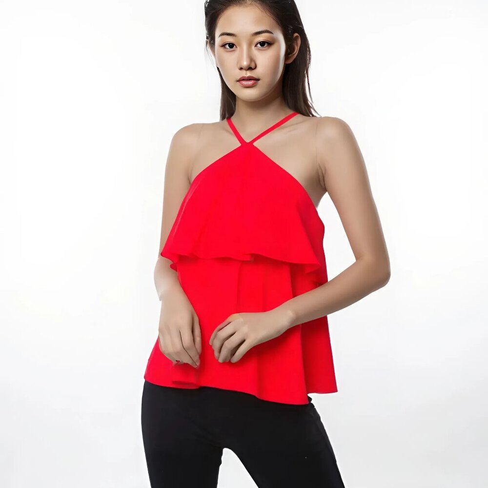 Lily White Mango Orange Red Tiered Tunic Flowy Strappy Halter Tank Top S